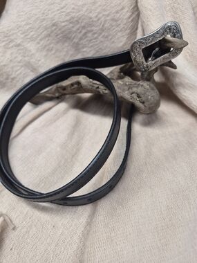 Classic Black Leather Women's Belt with Ornate Western Style Silver Buckle